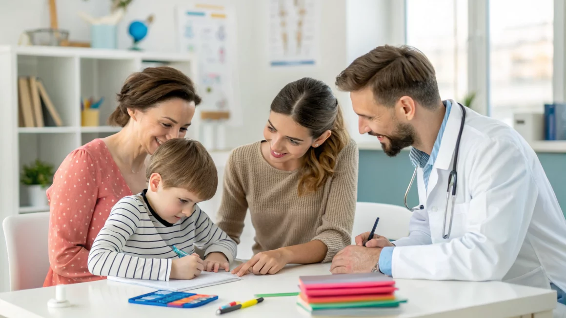 Un enfant, ses parents et un professionnel de santé réunis autour d’une table, élaborant ensemble un plan de rééducation.