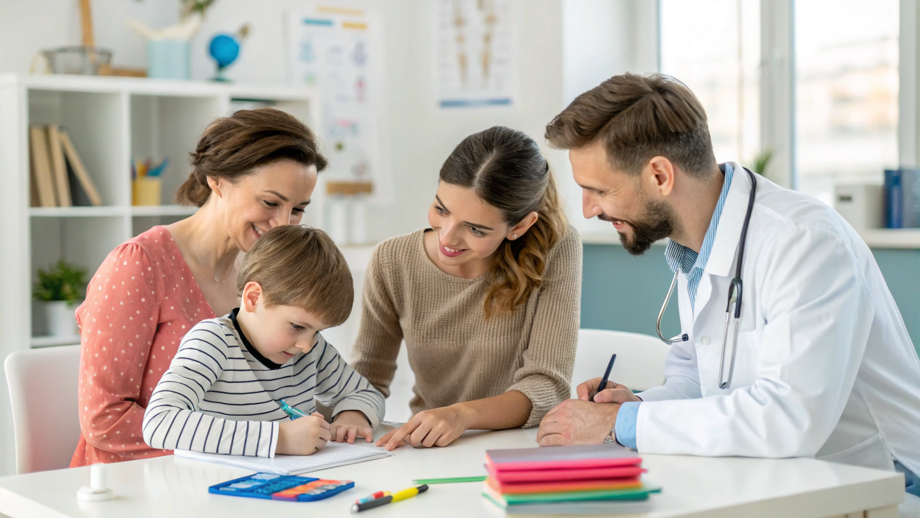 Un enfant, ses parents et un professionnel de santé réunis autour d’une table, élaborant ensemble un plan de rééducation.